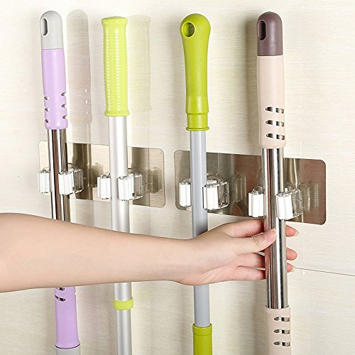 Broom Holder Wall Mounted - Mop and Broom Hanger Holder  Wall hooks - Garage Storage Rack  and  Garden Tool Organizer - Position Hooks for Home  kitchen  Garden  Tools  Garage Organizing