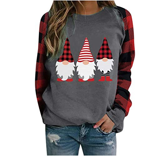 SALIFUN Christmas Pullover Sweatshirts for Womens Plaid Patchwork Long Sleeve Sweater Patchwork Crewneck Shirts Tops