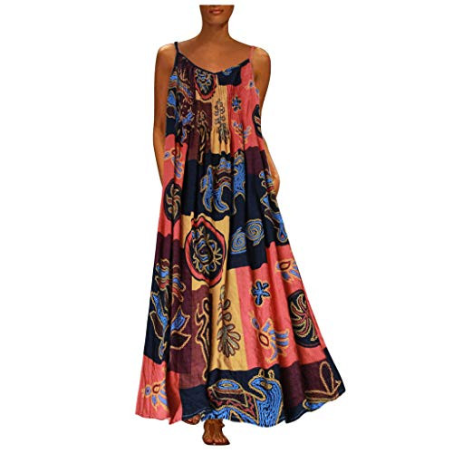 Hotkey Women Vintage Patchwork Bohemia Printed O-Neck Sleeveless Cotton Dress Maxi Dresses Summer Beach Swing Dress Orange