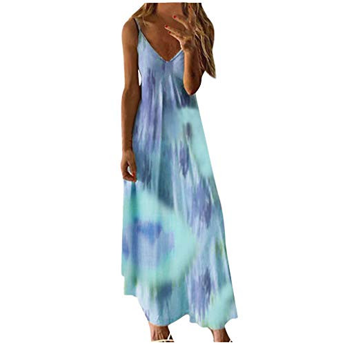 Kaitobe Womens Dresses Casual Summer Sundress Sleeveless Tie Dye Print V Neck Maxi Long Dress Loose Tunic Tank Dress Light Blue