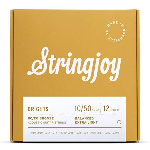 Stringjoy BB1024 Bright Brass 12 String Acoustic Guitar Strings  -12 String Extra Light Gauge - 10-50-