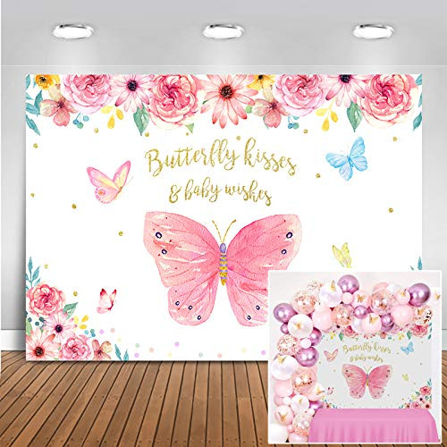 Avezano Butterfly Baby Shower Backdrop Butterfly Kisses Baby Wishes Baby Shower Party Decor Pink Butterfly Floral Birthday Banner Supplies -6x4ft-
