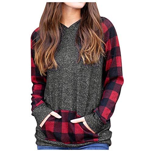 Plaid Long Sleeve Shirts for Women Drawstring V Neck Casual Patchwork Sweatshirts Soft Comfy Tunic Pullover Blouse Red