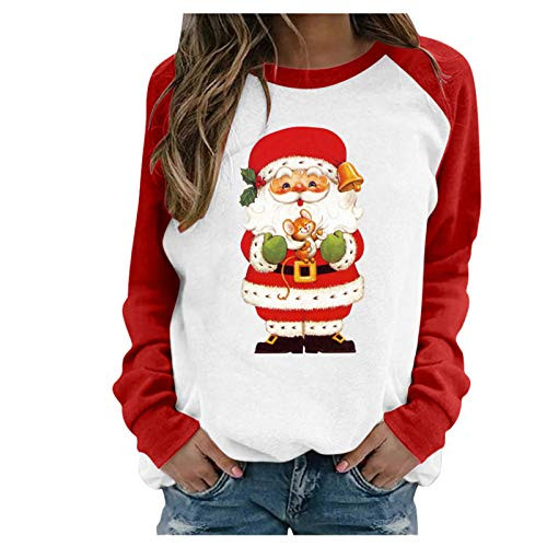 Women Christmas Crewneck Sweatshirt Patchwork Santa Graphic Tees Loose Fit Casual Long Sleeve Pullovers Blouses Tops White