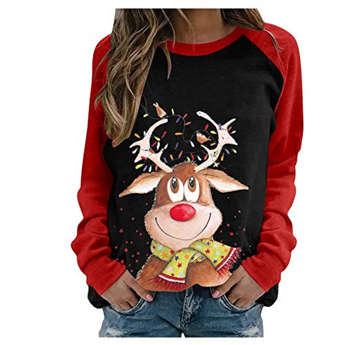 Women Christmas Crewneck Sweatshirt Elk Graphic Tees Shirts Long Sleeve Loose Fit Casual Patchwork Pullovers Blouses Tops Black