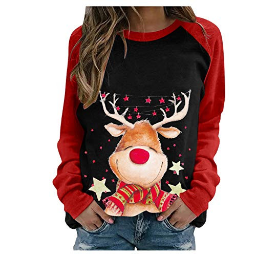 Christmas Graphic Tees for Women Long Sleeve Crewneck Elk Print T Shirts Casual Loose Fit Patchwork Pullovers Blouses Black