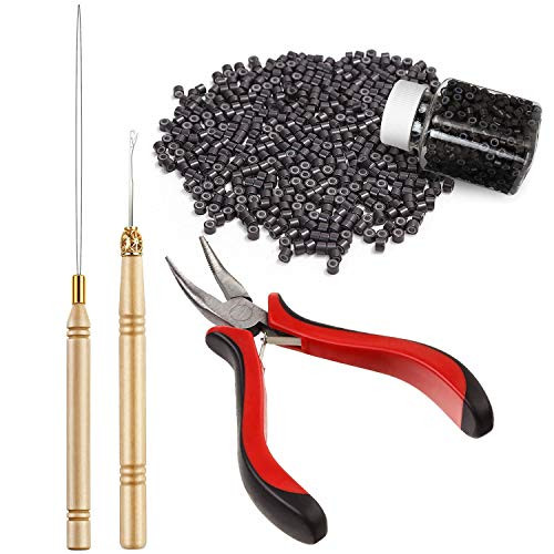 NOEYUN 3 Pc Kit Hair Extension Tool for Micro Ring Link Hair and Feather Extensions Pliers  Micro Pulling Needle  and Loop Threader With 500Pcs 5MM Silicone Micro Rings Beads -Dark Brown-