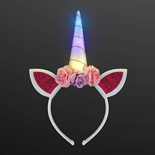 FlashingBlinkyLights Light Up Unicorn Headband with Ears  Flowers  and  Magical Color Changing LED Horn