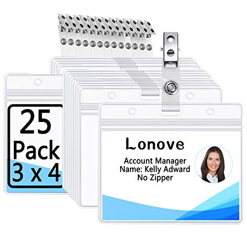 Horizontal 3x4 Inch Quick Load Name Badge Holders and Metal Clips with Vinyl Straps PVC ID Card Holder by LONOVE-25 Pack  Horizontal 3x4 no Zipper-