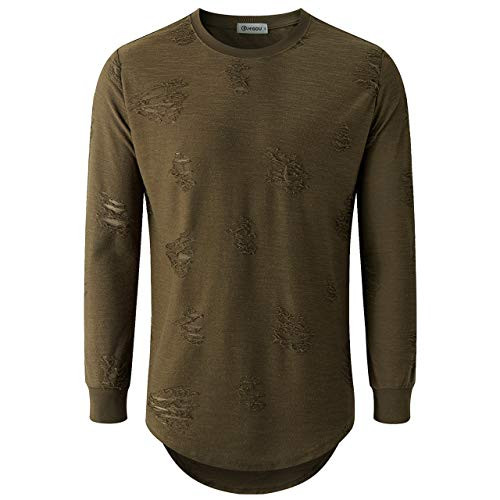 KLIEGOU Mens Hipster Hip Hop Ripped Round Hemline Hole T Shirt-1705L ArmyGreen L-