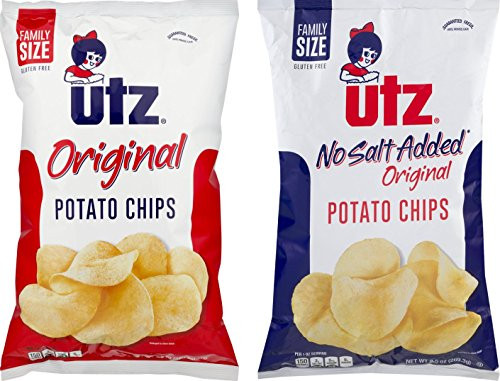 Utz Original and Utz No Salt Added 9.5 oz. Family Size Potato Chips Variety Pack -2 Bags-