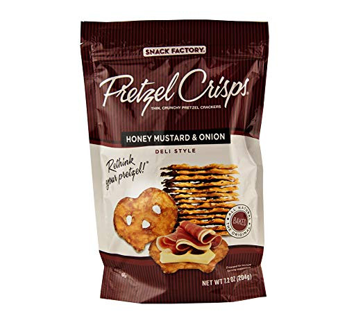 Snack Factory Deli Style Pretzel Crisps  Choice of 6 Different Flavors- Four 7.2 oz. Bags -Honey Mustard  and  Onion-