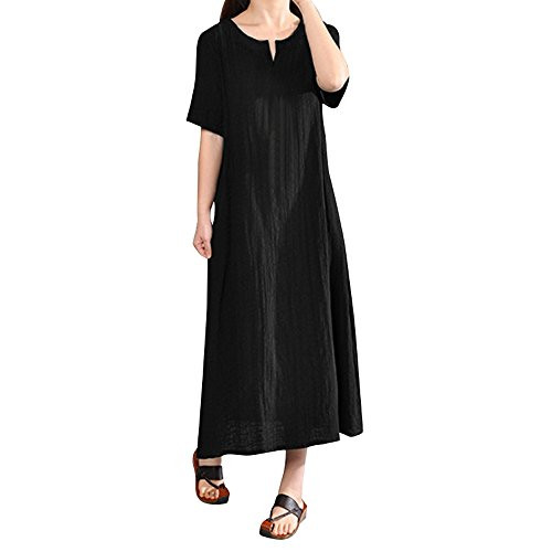 POTO Dress for Women  Ladies Plus Size Short Sleeve Bohemia Solid Cotton Linen Dress Casual Party Dress -M  Black- POTO Dress for Women  Ladies Plus Size Short Sleeve Bohemia Solid Cotton Linen Dress Casual Party Dress -M  Black-