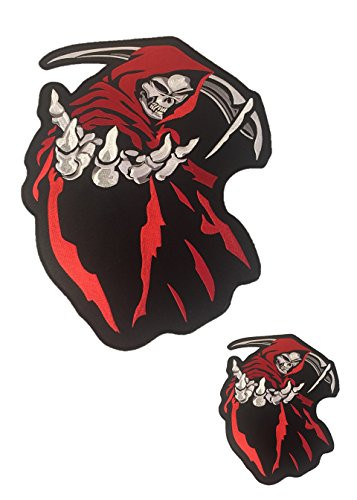 Biker Grim Reaper Skull Motorcycle Patch Combo Red Large  and  Small