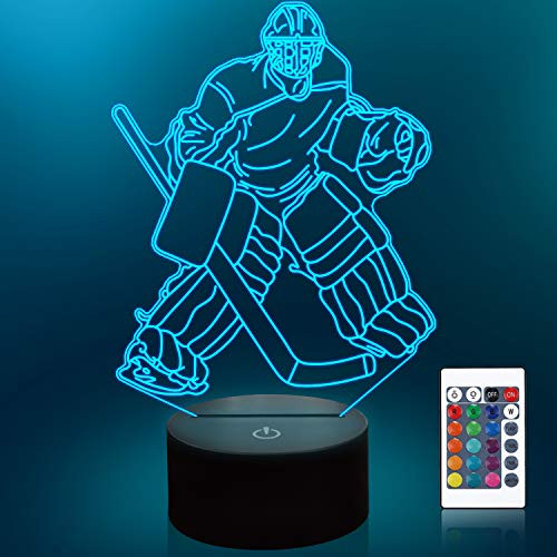 Lampeez Kids 3D Ice Hockey Player Night Light Optical Illusion Lamp with 16 Colors Remote Control Changing Birthday Gift Idea for Boys and Girls