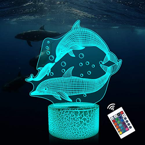 Lampeez Kids 3D Dolphin Night Light Optical Illusion Lamp with 16 Colors Remote Control Changing Birthday Gift Idea for Boys and Girls