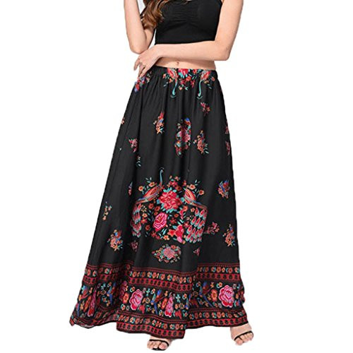 Maxi Skirts for Women Boho Beach Floral Summer High Waist Long Skirt Black