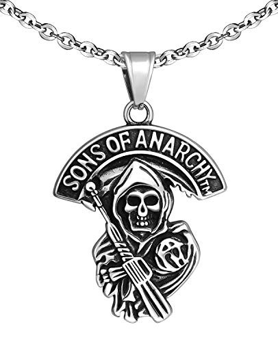 Stainless Steel Skull Sickle Death Grim Reaper Pendant Necklace