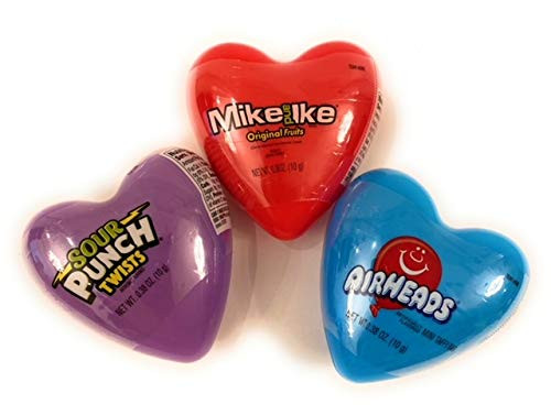 Valentine Plastic Hearts with Mike and Ike  Airheads and Sour Patch Twist 3 Count- 1 each flavor