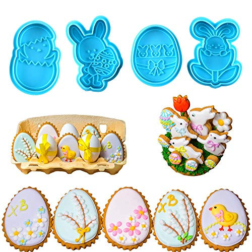 KAISHANE Easter Themed MINI Cookie Cutter Embossing Mold Fondant Stamper Set -4 Pcs Plastic spring die Biscuits Pastry Cutter Set 3D Cookie Cake Plunger Cutter Baking Mould