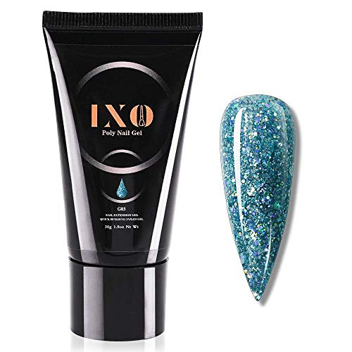 IXO Nail Extension Poly Gel Builder Gel Glitter Ocean Blue Poly Gel Builder Enhancement Trendy Nail Art Design Easy DIY at Home False Nail Extension Tips Glitter Poly Nail Gel 30g