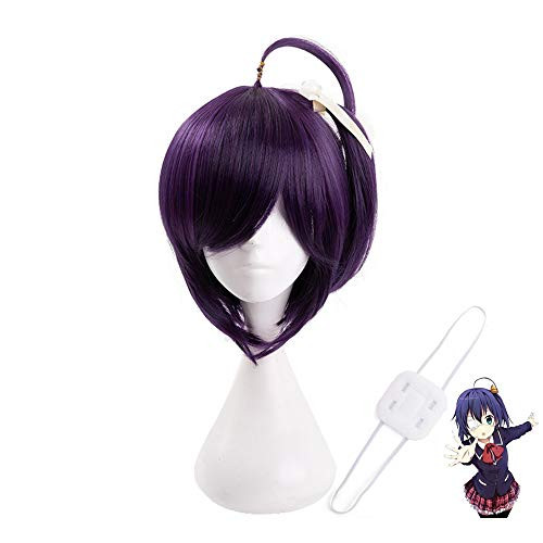 Takanashi Rikka Wig and Eye Patch Anime Cosplay Wig and Eye Patch Short Dark Purple Hair for Halloween