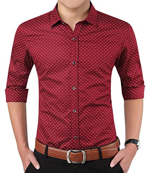 Aiyino Men s 100 percent  Cotton Long Sleeve Slim Fit Button Down Dress Shirt -US M  17-Wine red-