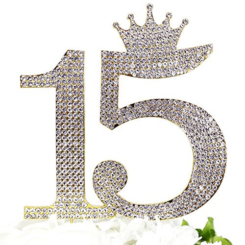 Number 15 Quinceanera Rhinestone Princess Crown Monogram Cake Topper - Sweet 15th Birthday Party (Gold)