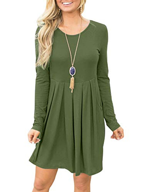 Fanfly Women s Pleated Swing Dress Long Sleeve Casual T Shirt Dress With Pockets Army Green 3X