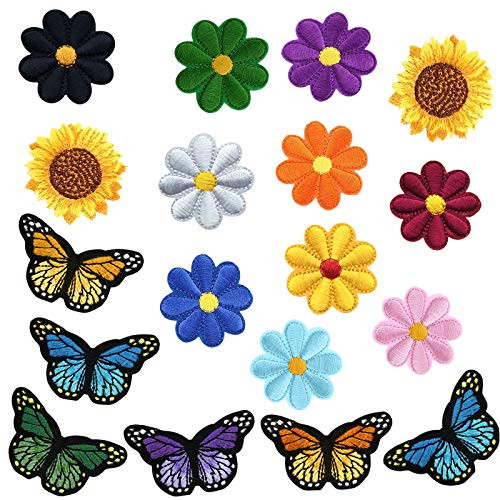 Butterfly Flower Sunflower Sewing on Iron on Embroidered Patches for DIY Jean Jackets Hats  Assorted Applique Patches for Decorating DIY Dress Pants Shoes