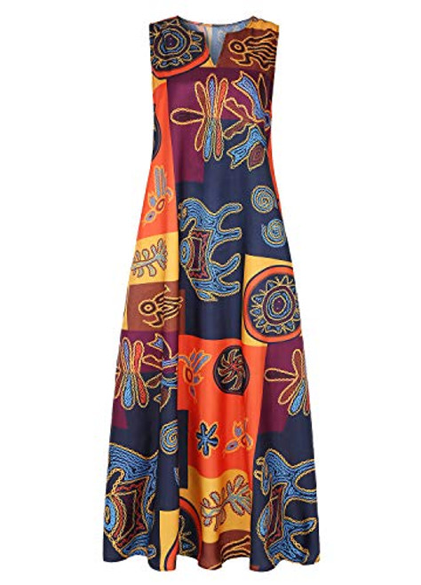 Vimoisa Women Vintage V-Neck African Print Dashiki Dress Pleated Maxi Dress-M- Orange