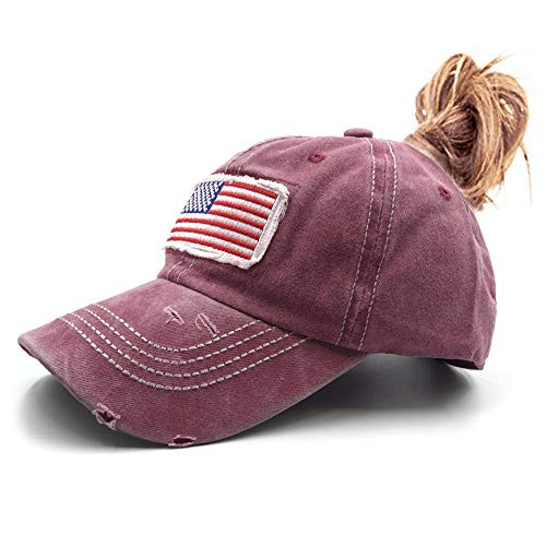 Womens Distressed Vintage Ponytail Baseball Caps Patch Washed Cotton Low Profile Embroidered America Flag Messy High Bun Hat Ponycaps Dad Hat