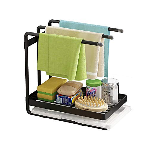 Apsan Sponge Holder with Drain Pan for Kicthen Sink  Kitchen Sink Caddy Organizer for Sponge Brush Soap Dish Dishcloth Rack  Black Large