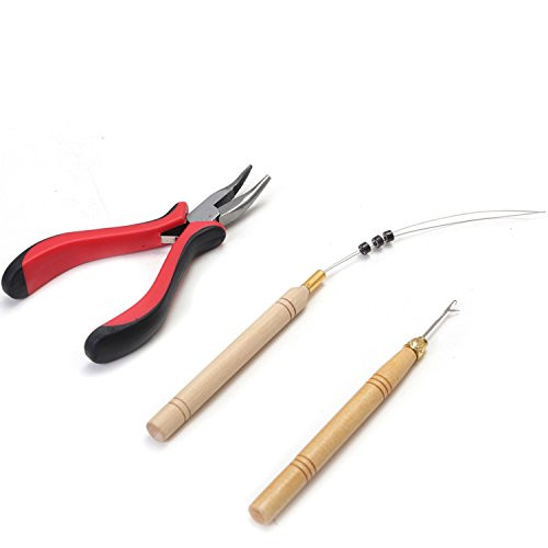Vlasy 3Pcs Kits for Micro Ring Link Hair Extensions Loop Thread Pulling Bead Devices Pliers -Wood Color-