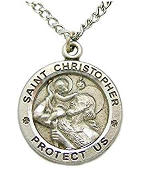 Inspire Nation St Christopher Pendant Medal Pewter on 24 inch Stainless Steel Chain Boxed Round -Christopher-