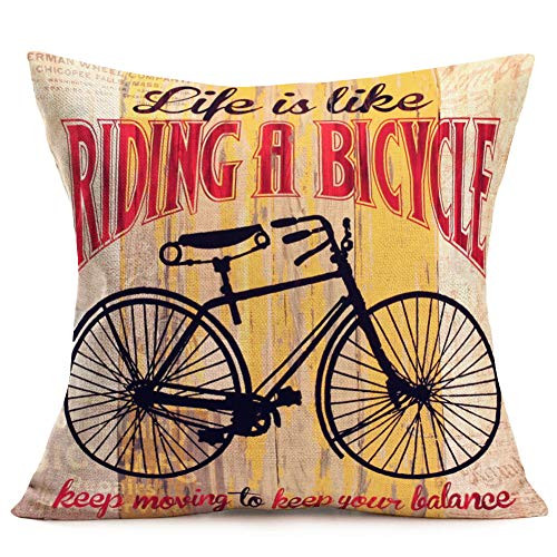 Asamour Bicycle Quote Pillow Covers Life is Like Riding a Bicycle Inspirational Words Decorative Cotton Linen Throw Pillow Case Cushion Cover with Rustic Wood Grain for Sofa Couch Decor 18  x18