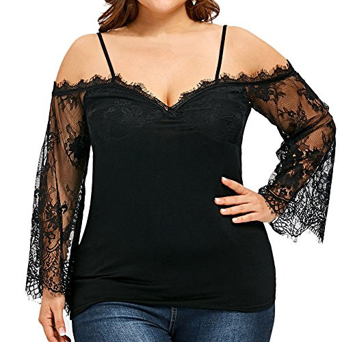 GDJGTA Women Plus Size Off Shoulder T-Shirt Lace Patchwork Long Sleeve Casual Tops Blouse