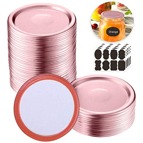 50 Pcs Regular Mouth Mason Jar Lids 70MM Canning Lids with Silicone Seals Rings  Reusable Leak Proof Rose Gold Split-Type Canning Jar Lids with Label Stickers