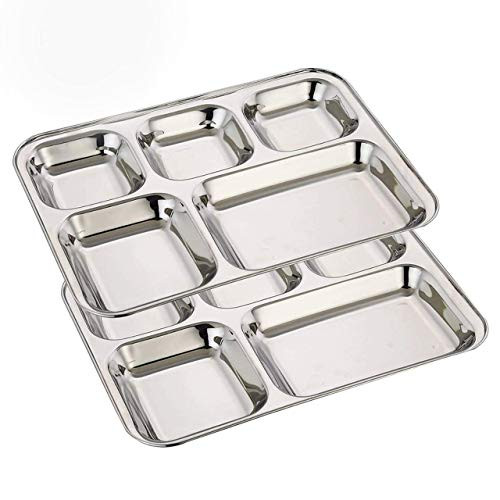 IndiaBigShop Stainless Steel Rectangular Thali Plate 5 compartment Thasli Mes Trays Kids Lunch and Dinner Restaurant Steel Plates Divided Dinner Plate - Set of 2 IndiaBigShop Stainless Steel Rectangular Thali Plate 5 compartment Thasli Mes Trays Kids Lunch and Dinner Restaurant Steel Plates Divided Dinner Plate - Set of 2