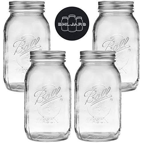 Ball Mason Jars 32 oz Bundle with Non Slip Jar Opener brand BHL Jars - Set of 4 Quart Size Mason Jars with Regular Mouth - Canning Glass Jars with Lids  Heritage Collection