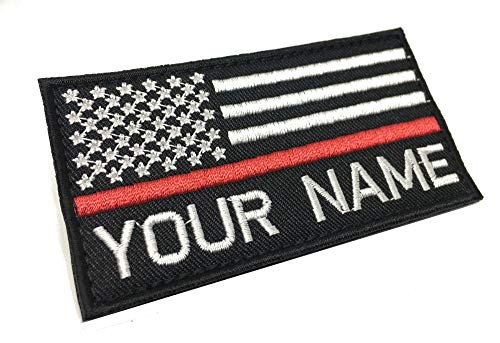 Personalized Custom Embroidered USA Flag with Thin Red Line Name Patch Hook Fastener Backing -Regular-