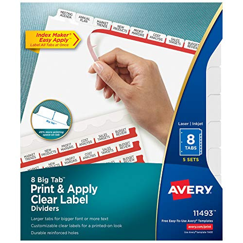 Avery Big Tab Dividers, Print & Apply Clear Label, Index Maker Easy Apply Strip, 8 Printable Tabs, 5 Sets (11493)