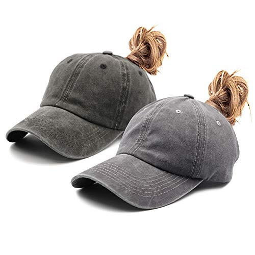 2 Pack Ponytail Vintage Classic Cotton Dad Hat Adjustable Plain Cap Low Profile Unconstructed Messy High Bun Hat Ponycaps Baseball Cap