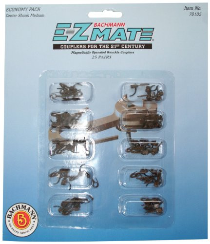 Bachmann Trains E-Z Mate Magnetic Knuckle Couplers - Economy Pack  - Center Shank - Medium (25 Coupler pairs per card) - HO Scale