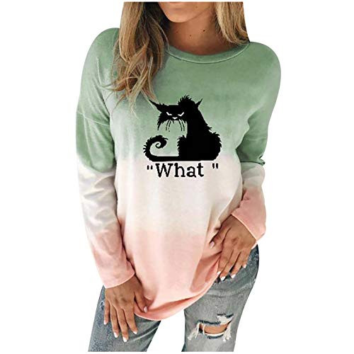 Women Gradient Long Sleeve Top Fashion Letter Cat Print O-Neck Pullover T-Shirts YKDIANZI Green