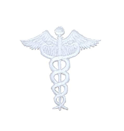 White Caduceus - Medical Nursing - Iron on Embroidered Applique Patch
