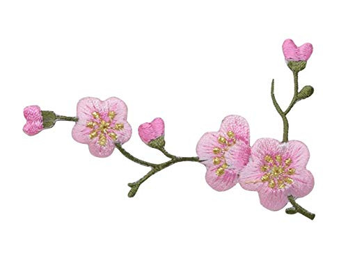 Cherry Blossom - Pink Flowers - Green Stem - Left - Iron on Applique - Embroidered Patch