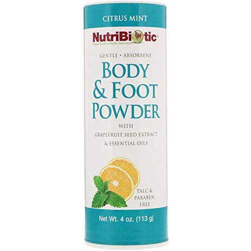 NutriBiotic Body and Foot Powder - Citrus Mint Scent from Essential Oils - 4 ounce - Non GMO - With Grapefruit Seed Extract- Vegan - Talc  Paraben  and Gluten Free - Gentle and Absorbent