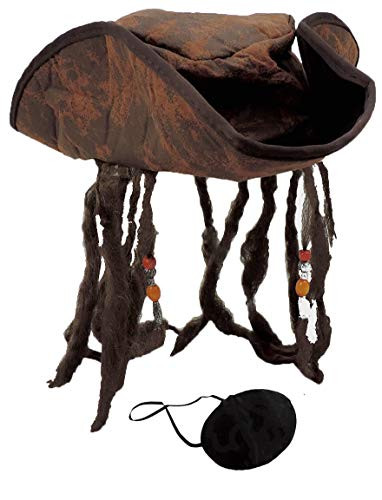 Distressed Brown Caribbean Pirate Costume Tri-Corn Hat Adult with Dreadlocks  and  Eye Patch