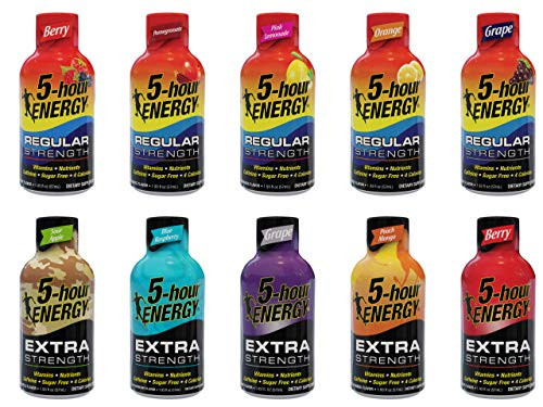 5-Hour Energy Shot  Variety Sampler Pack  20 Count  Contains a blend of B Vitamins  Amino Acids  0 Sugar  4 Calories  Kosher  10 Flavor Assortment Of Regular  and  Extra Strength -20 Pack-
